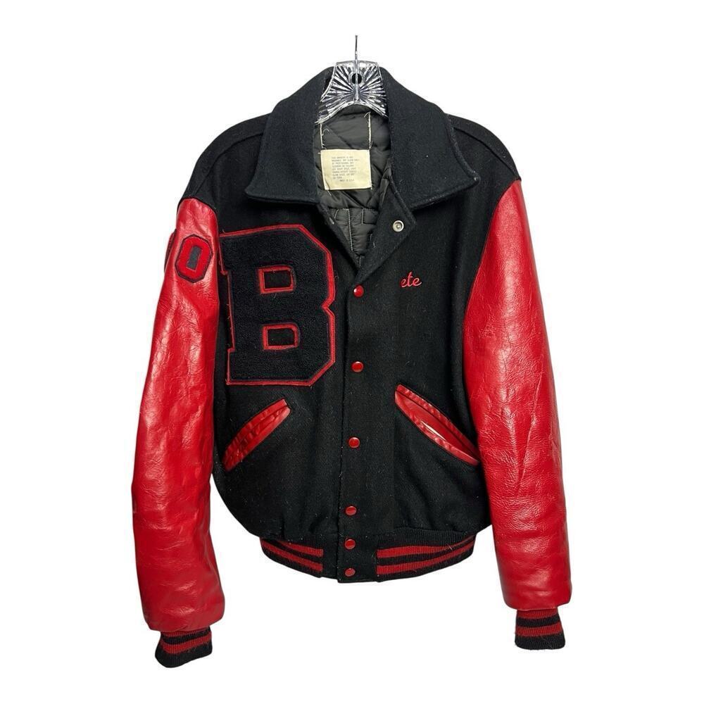 Vintage Letterman Jacket, Black And Red, Leather, Bergenfield High School